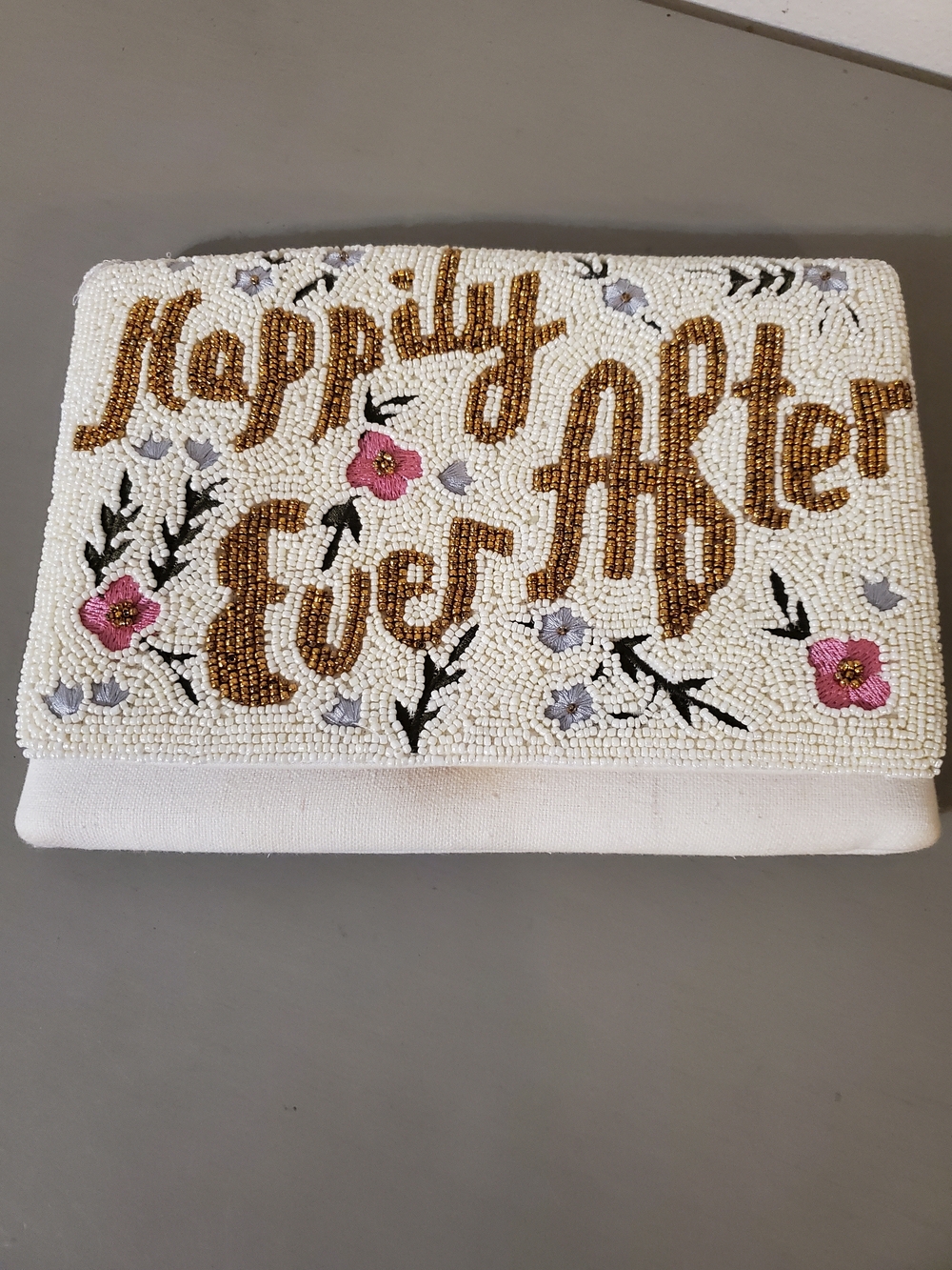 Beaded 'Happily Ever After' Clutch  White with Pink & Gold Accents Bride Wedding - Picture 2 of 9